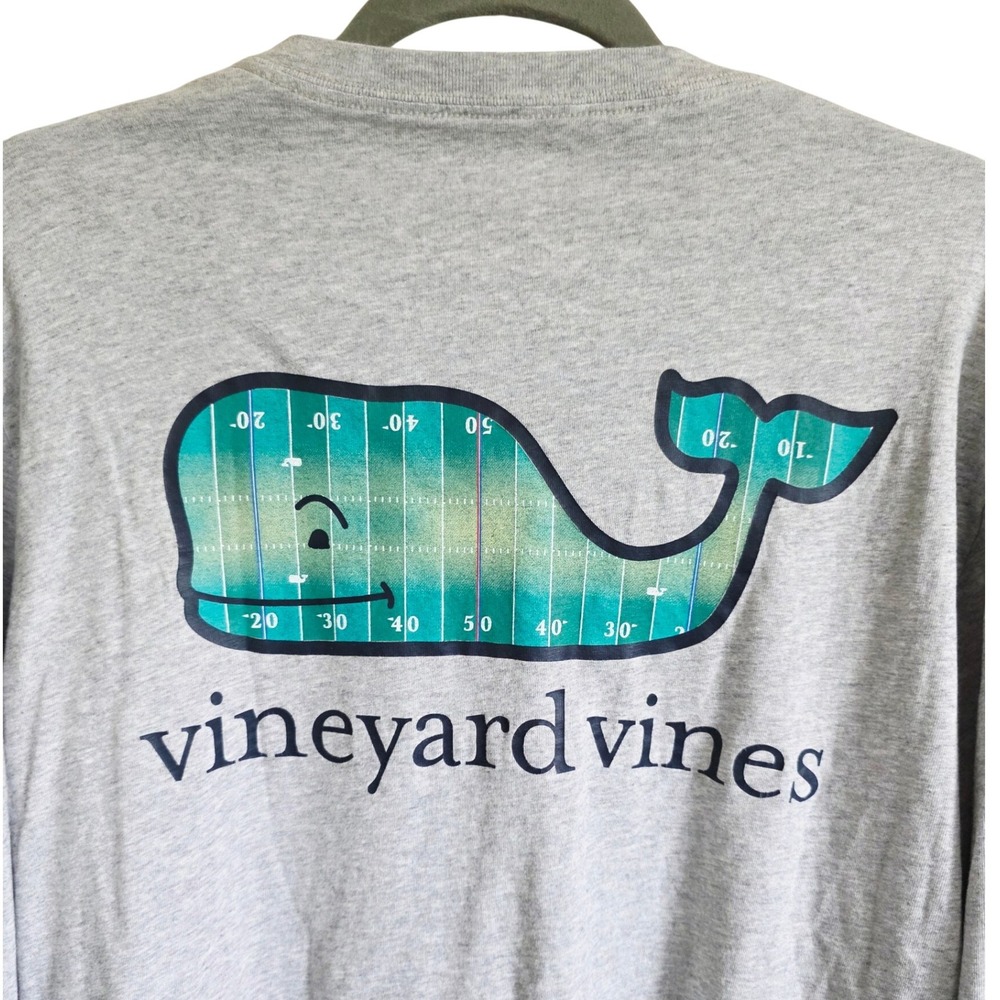 Vineyard Vines Men's Long Sleeve Football Whale Pocket T-Shirt Gray L Cotton